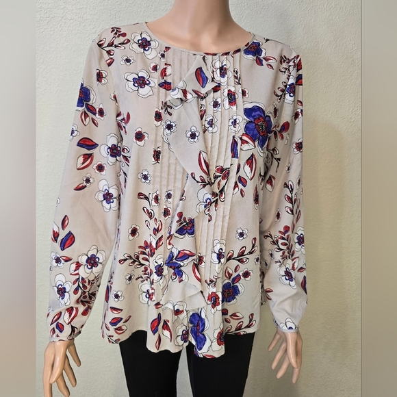 Banana Republic Women's Med Gray Red Blue Floral Long Sleeve Blouse Lightweight - Picture 5 of 8